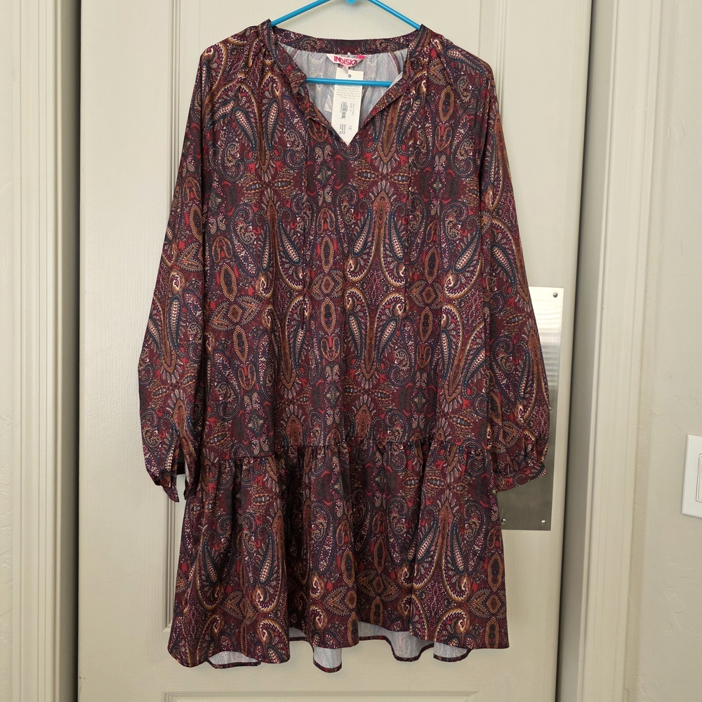 Paisley V-Neck Long Sleeve Tiered Dress - Burgundy